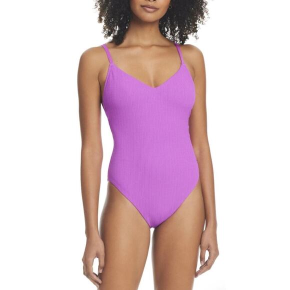 Sanctuary Swim High Leg Scoop One Piece Ribbed Swimsuit color Fuchsia size Small - Picture 1 of 11